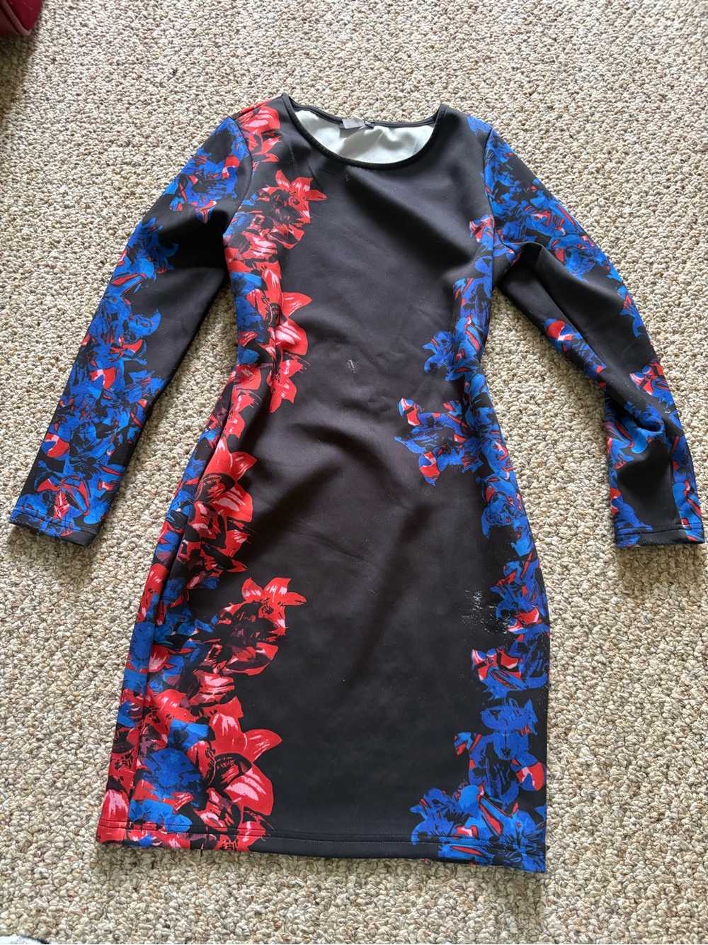 VENUS Black Long Sleeve Dress with Red & Blue Floral Accents